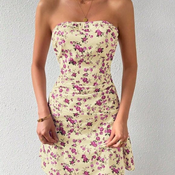 Apricot Boho Women's Summer Holiday Style Floral Print Wrinkled Strapless Dress - Picture 7 of 7